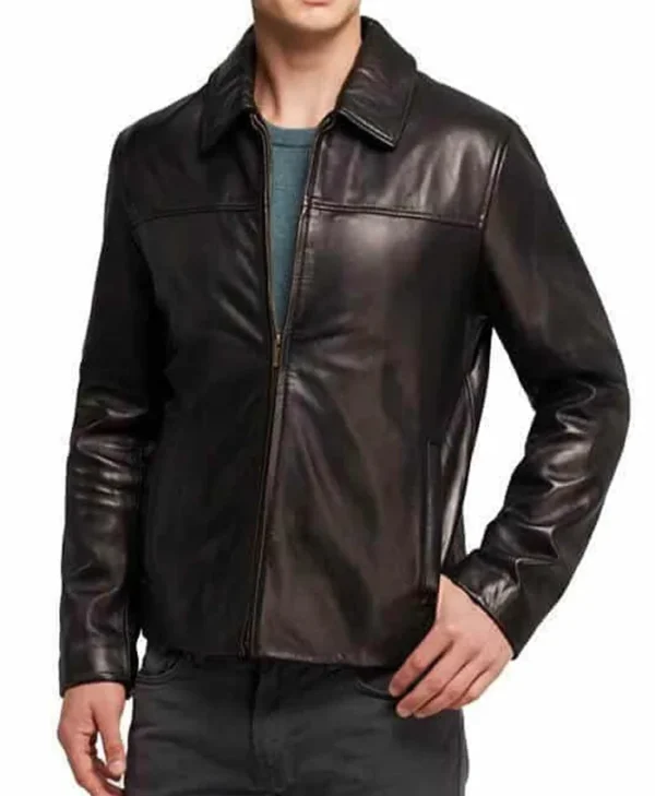 Men Classic Collar Slim Fit Zip Up Black Leather Jacket