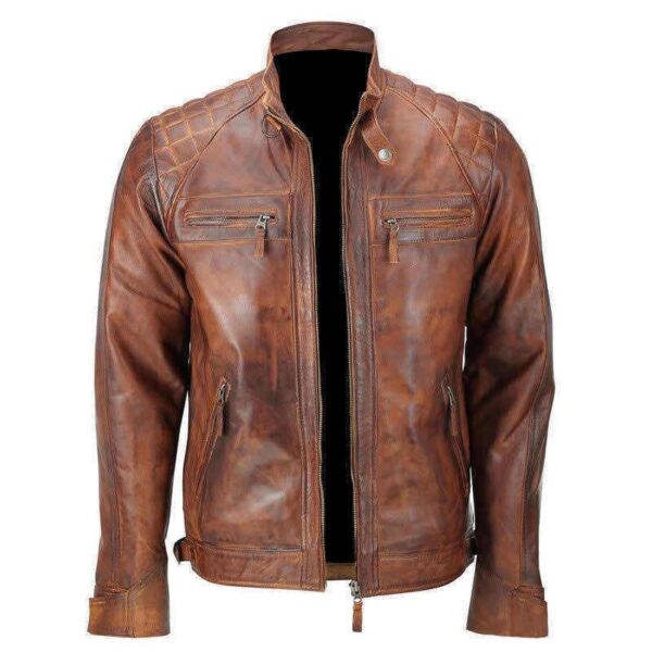 Brown Distressed Leather Jacket Classic Diamond