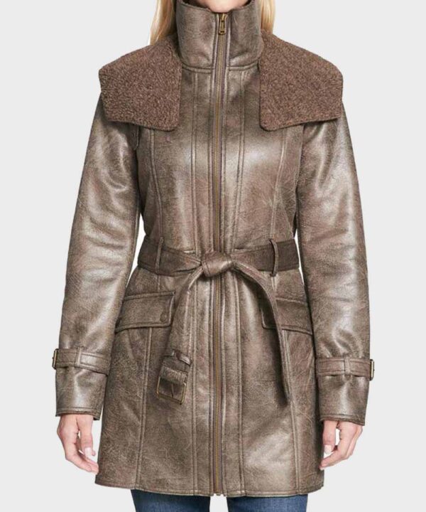 Faux Shearling Mid-Length Womens Duster Leather Coat