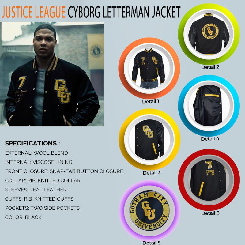 Justice League Cyborg Black Mens Varsity Letterman Jacket