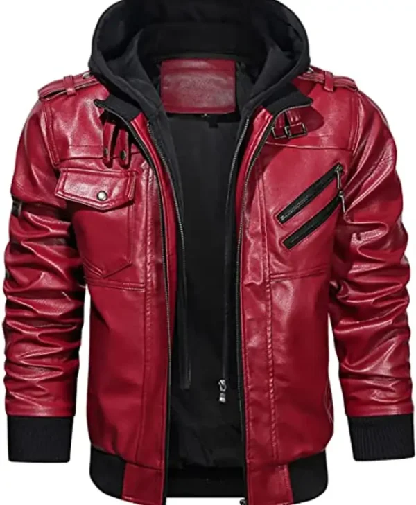 Mens Biker Removable Hood Bomber Red Leather Jacket