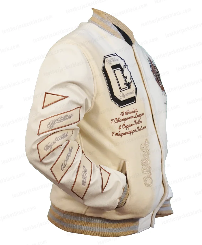  UNICOM JACKETS Men's AC-Milan Off-White Varsity Jacket, AC- Milan Varsity Bomber Jacket