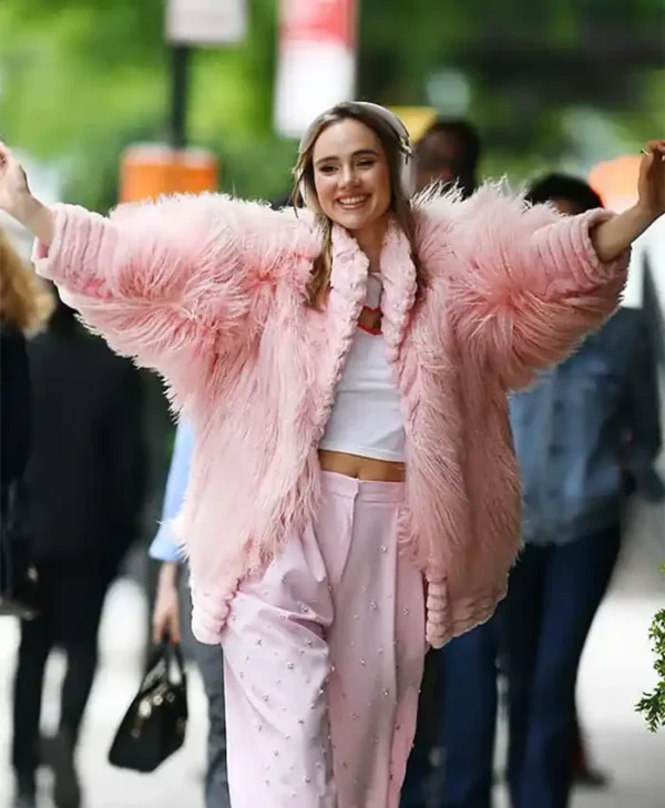 Suki Waterhouse NYC Furry Pink Fur Jacket