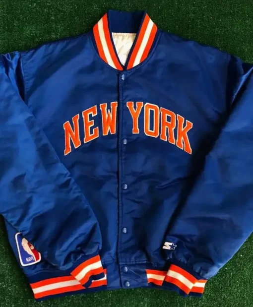 90s New York Knicks Blue Satin Varsity Jacket