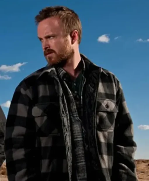 Aaron Paul Movie El Camino A Breaking Bad Jesse Pinkman Black and Grey Plaid Checkered Jacket