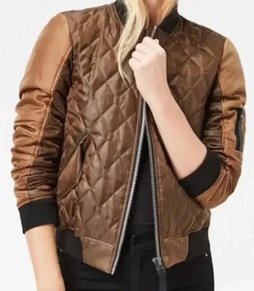 Agents Of Shield Jemma Simmons Brown Satin Quilted Bomber Jacket