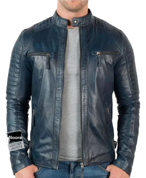 Anthony E Men Zip Cafe Racer Snap Tab Blue Lambskin Leather Jacket