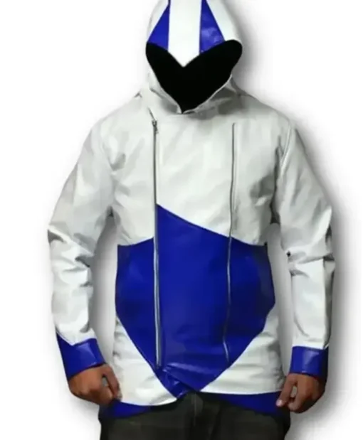 Assassins Creed Connor Kenway White and Blue Hood Leather Coat