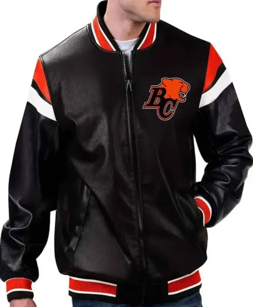 BC Lions Black Full-Zip Leather Bomber Jacket