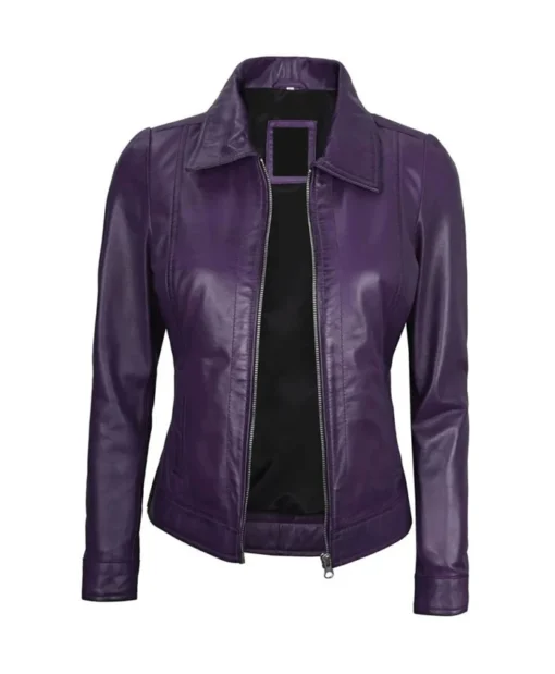 Barbara Women Shirt Collar Purple Leather Zip Jacket