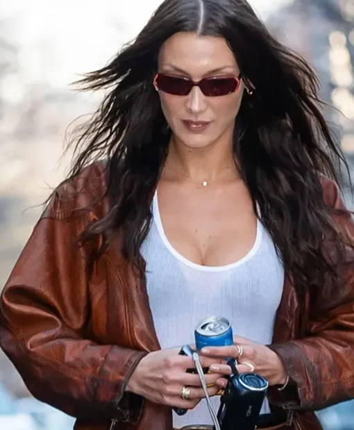 Bella Hadid New york Brown Leather Jacket