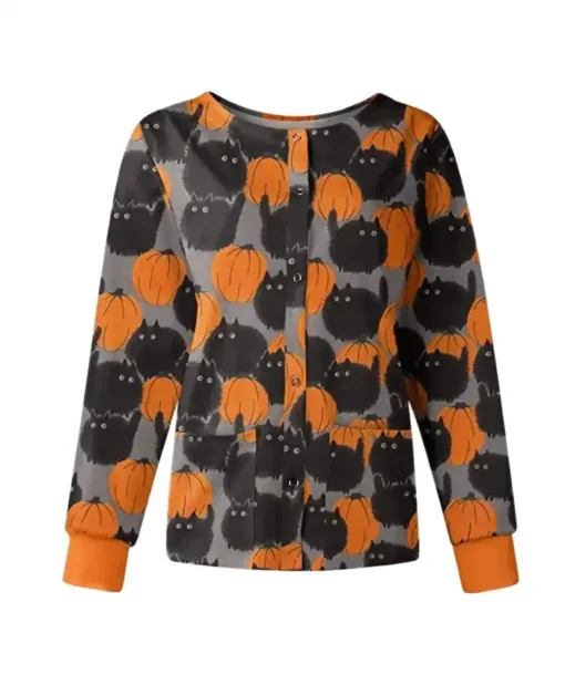 Black Cats with Pumpkin Halloween Scrub Cotton Jacket