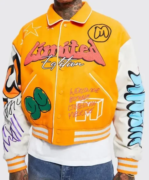 Boxy Fit Graffiti Letterman Varsity Multicolor Jacket