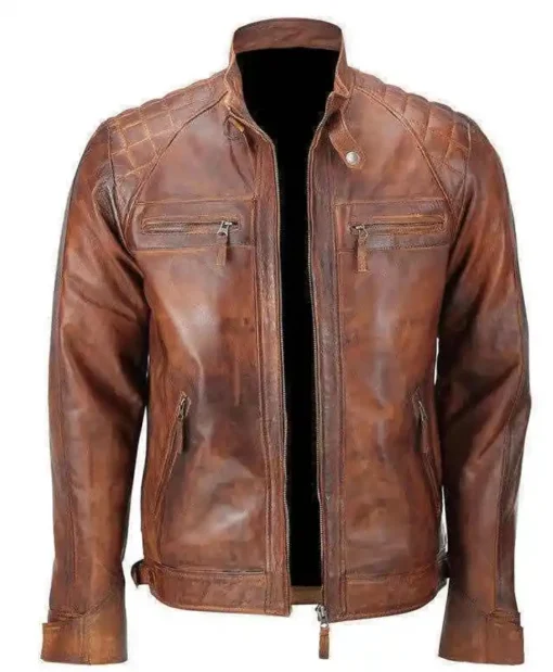 Brown Distressed Leather Jacket Classic Diamond