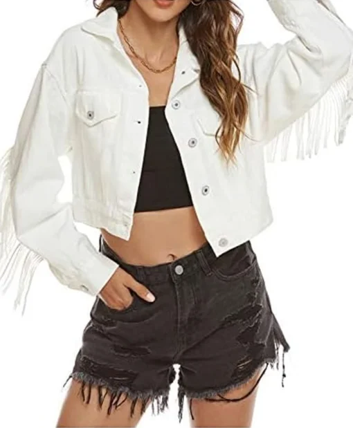 Buffalo Bills Blake Cropped Fringe White Jacket