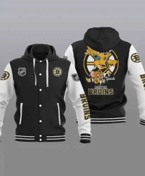 Buy NHL Boston Bruins Tom And Jerry Hooded Baseball Black And White Jacket