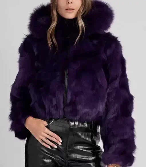 Camelia Fluffy Mink Fur Dark Purple Zipper Jacket