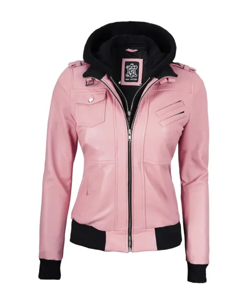 Campbell Womens Pink Bomber Leather Hooded Jacket