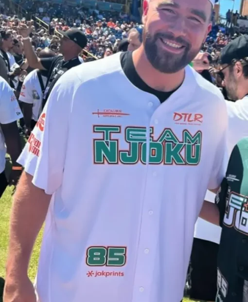 Celebrity Softball Game Travis Kelce White Buttoned Shirt