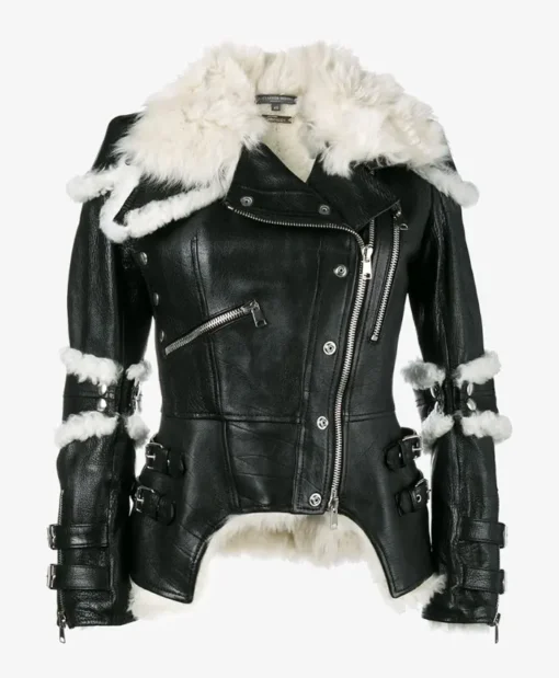 Cheryl Black Biker Shearling Sheepskin Leather Jacket