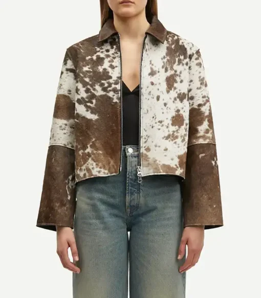 Cowhide fur Brown And White leather Jacket