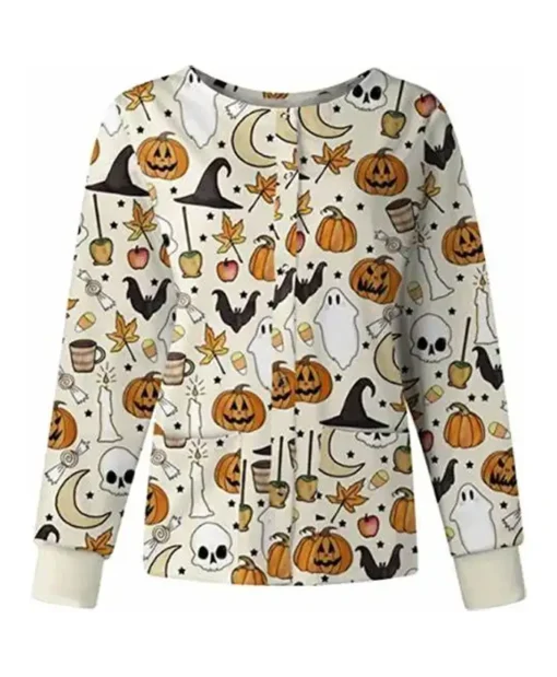 Cream Moon Skull Ghosts Halloween Scrub Cotton Jacket