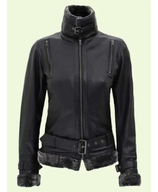 Deborah A Edikted Women Black Leather Shearling Jacket