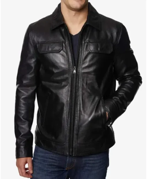 Dell J Cotton On Shirt Style Collar Zip-Up Leather Jacket