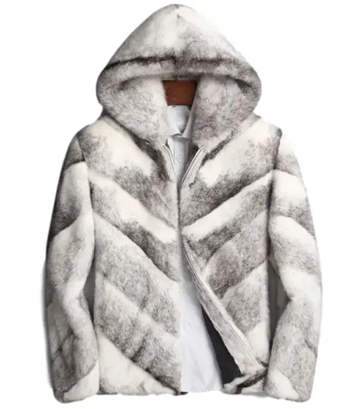 Devin White and Grey Cross Hooded Mink Fur Coat