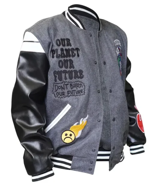 Dont Burn Our Future SOS Grey And Black Letterman Varsity Jacket