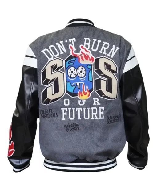 Dont Burn Our Future SOS Grey And Black Letterman Varsity Jacket For Sale