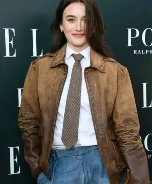 ELLE Hollywood Rising Sarah Pidgeon Brown Leather Jacket