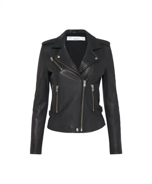 Elizabeth Iro Han Notch Lapel Black Biker Leather Jacket