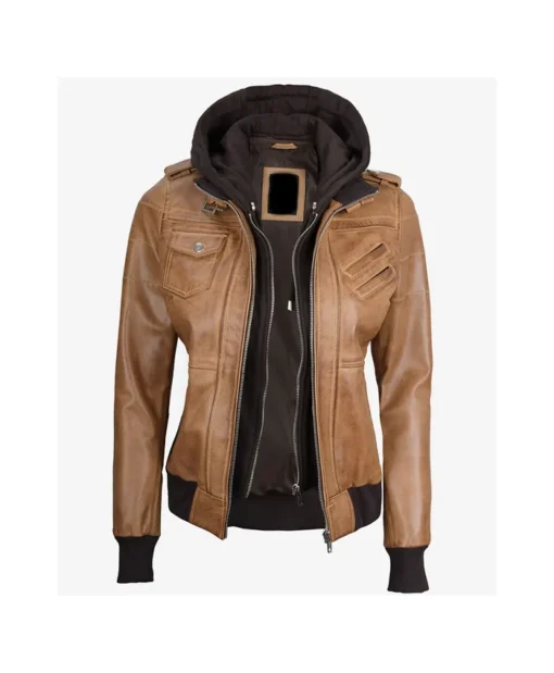 Erica M Womens Camel Brown Leather Detachable Hood Jacket