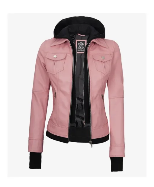 Gerard Women Pink Bomber Leather Jacket With Removable Hood