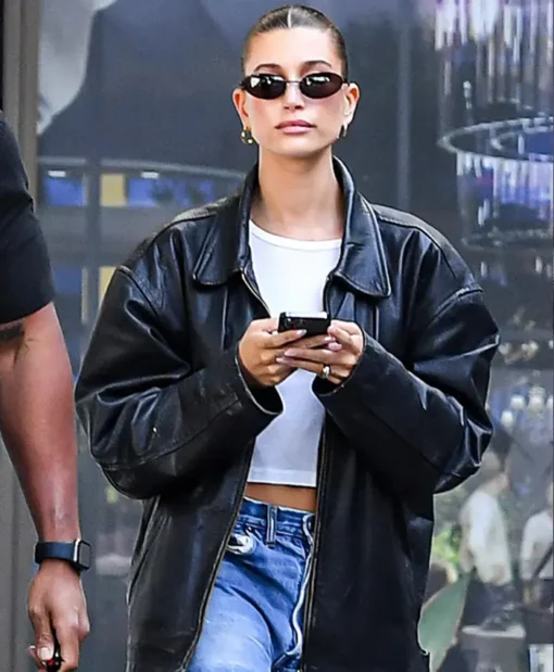 Hailey Bieber Black Leather Jacket