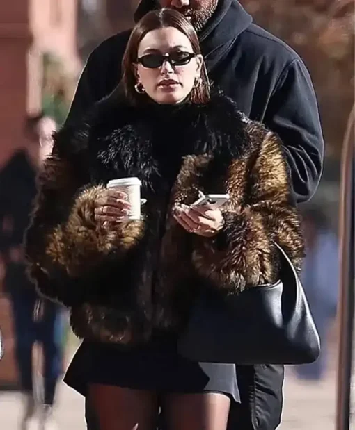 Hailey Bieber Fur Brown Jacket