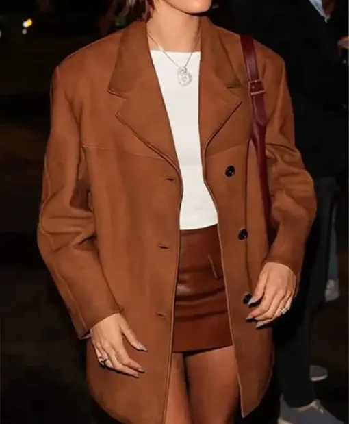 Hailey Bieber Leather Brown Jacket