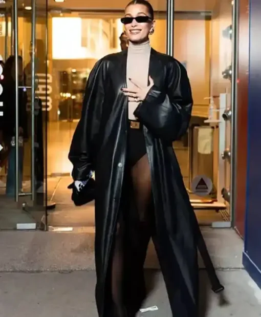 Hailey Bieber Leather Trench Black Coat