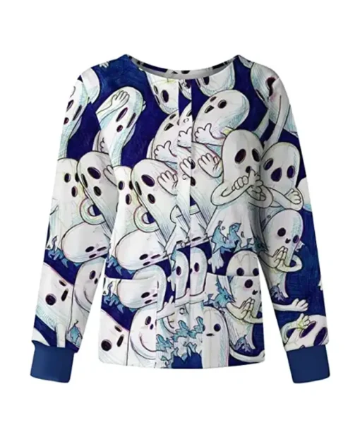 Huging Ghosts Blue Halloween Scrub Cotton Jacket