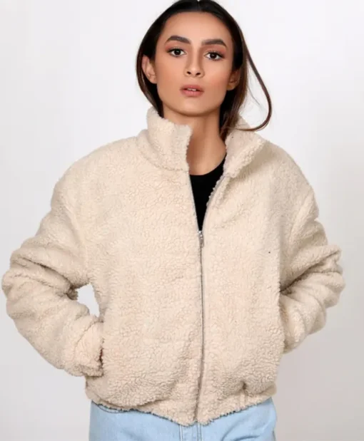 Jackie V Edikted Beige Faux Fur Zip Bomber Jacket For Sale