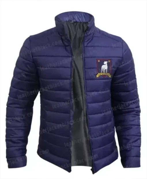 Jason Sudeikis TV Series Ted Lasso Season 02 Navy Blue Quilted Parachute Puffer Jacket For Sale