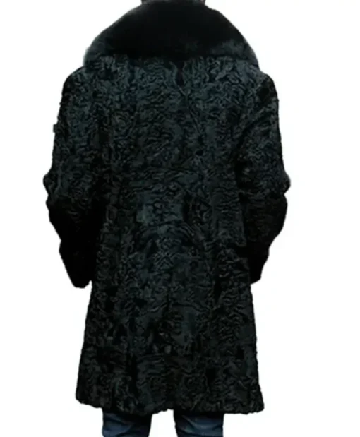 Jeffery Real Astrakhan Persian Lamb Karakul Black Warm Coat With Fox Fur Collar For Sale