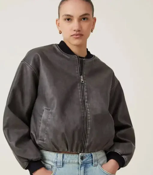 June E Cotton On Black Rib Collar Faux Leather Bomber Jacket