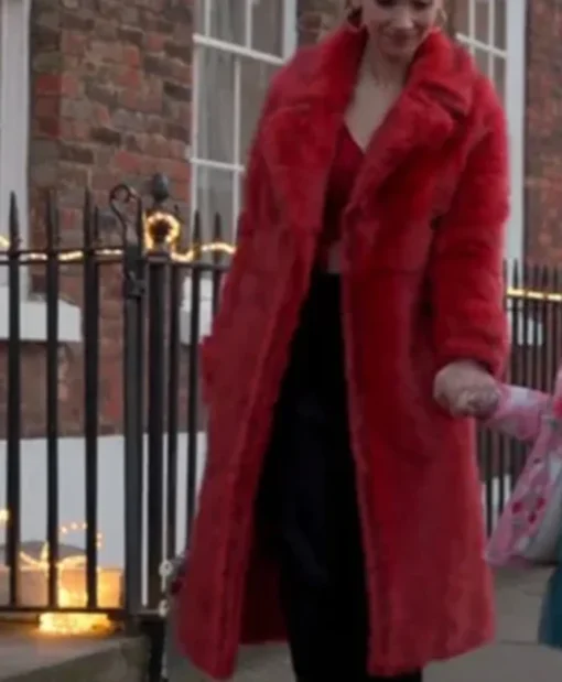 Juno Temple TV Series Ted Lasso Keeley Jones Red Fur Coat For Sale