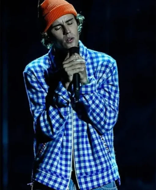 Justin Bieber Canadian Singer AMA 2020 Blue Checkered Wool Jacket