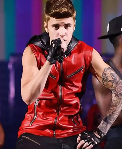 Justin Drew Bieber Believe Tour Red Leather Vest With Hood