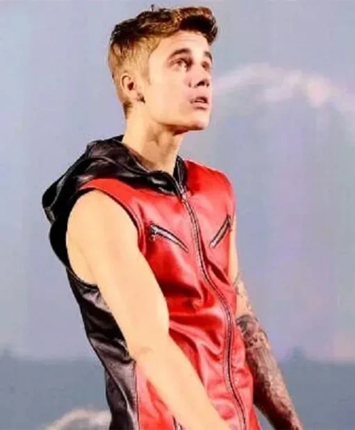 Justin Drew Bieber Canadian Singer Believe Tour Red Leather Black Hooded Vest