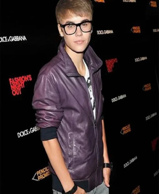 Justin Drew Bieber Canadian Singer Purple Bomber Leather Jacket