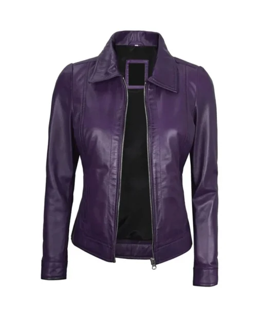 Kathleen Shirt Collar Purple Slim Fit Zip Leather Jacket Women